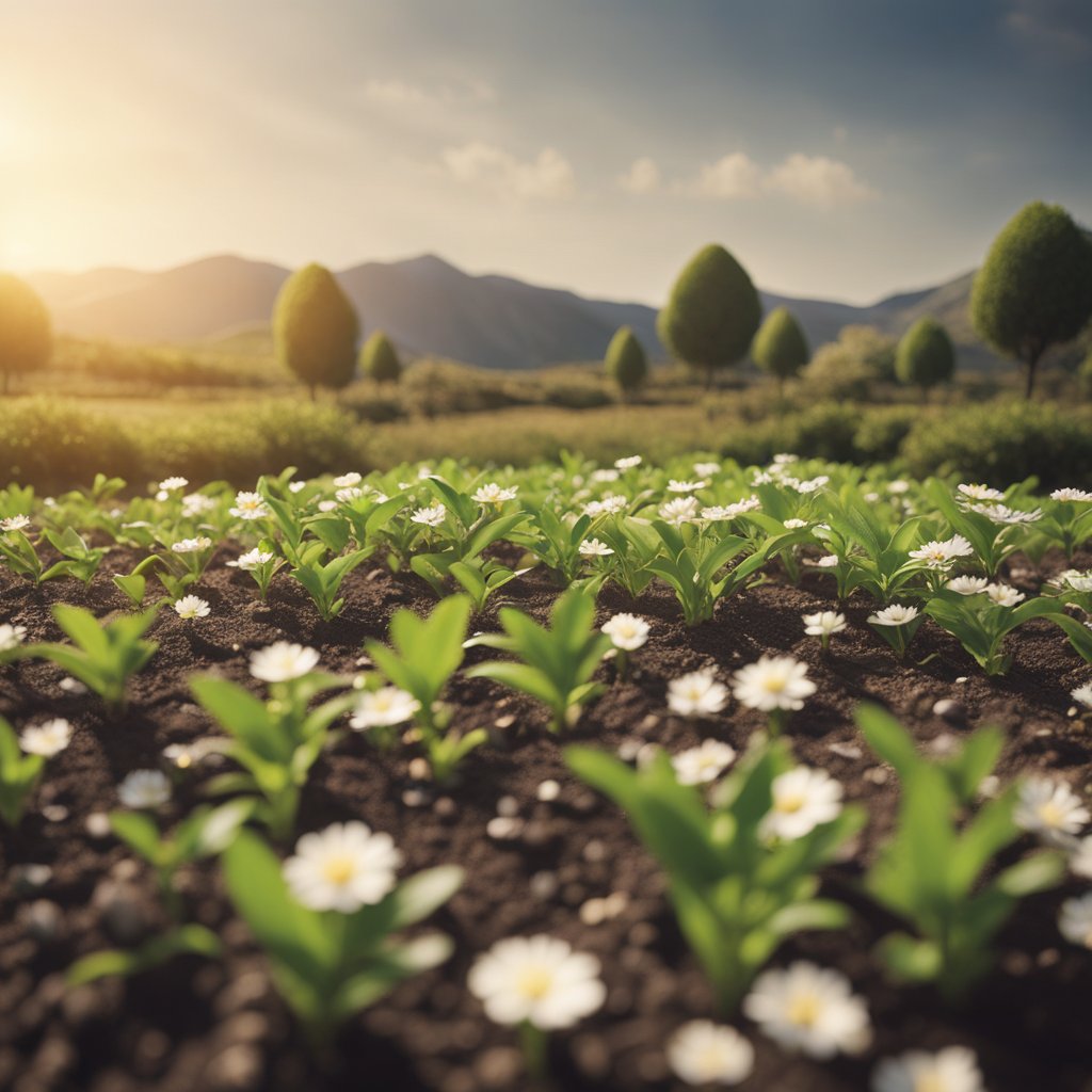 A barren landscape transforms into a thriving garden, symbolizing growth in a bad economy. Money grows on trees and flowers bloom with prosperity