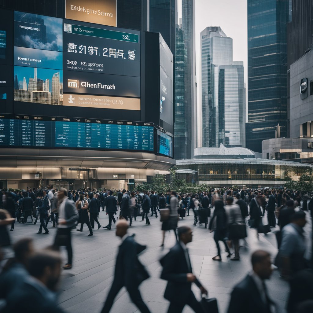 A bustling city with skyscrapers and a busy stock exchange. People are rushing around with a sense of urgency, while others are focused on their devices, monitoring the markets. The atmosphere is tense yet determined, with a hint of hope for economic recovery