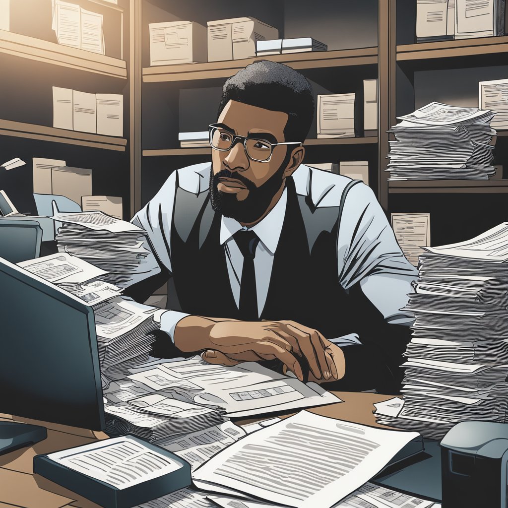 A person sitting at a desk, surrounded by financial documents and a computer. They are deep in thought, with a determined expression on their face as they strategize for financial resilience